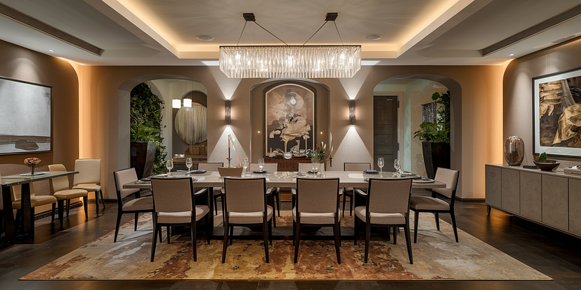 Dining room setup with tables, chairs, and lighting in 2025